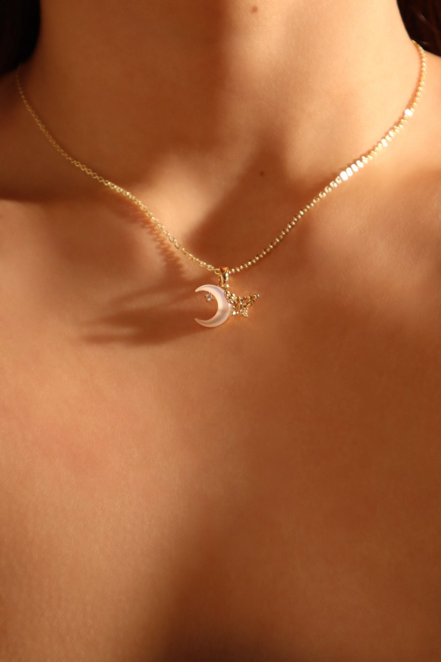 18K Real Gold Plated Shell Moon Butterfly Necklace