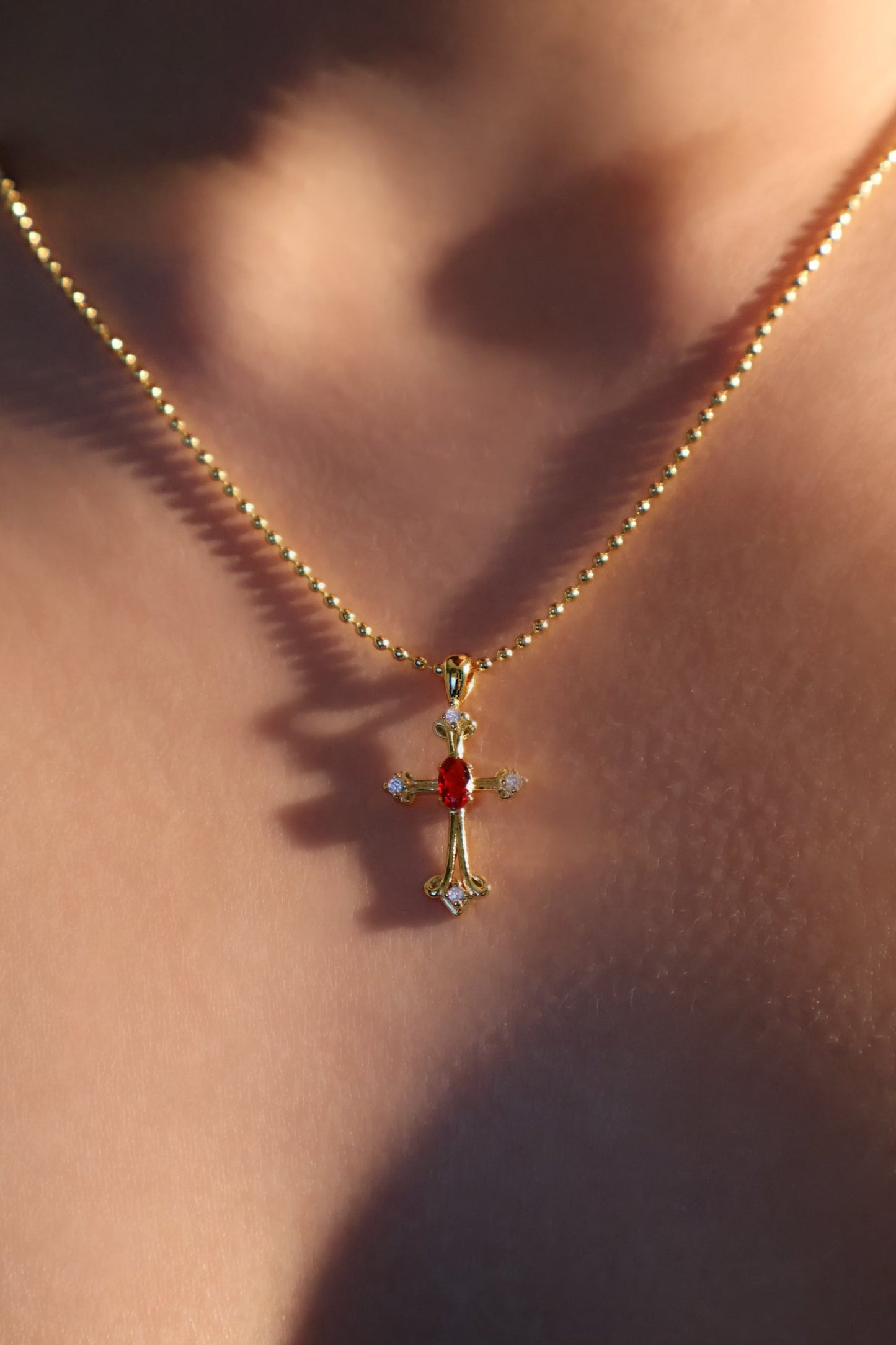 18K Real Gold Plated Ruby Cross Necklace