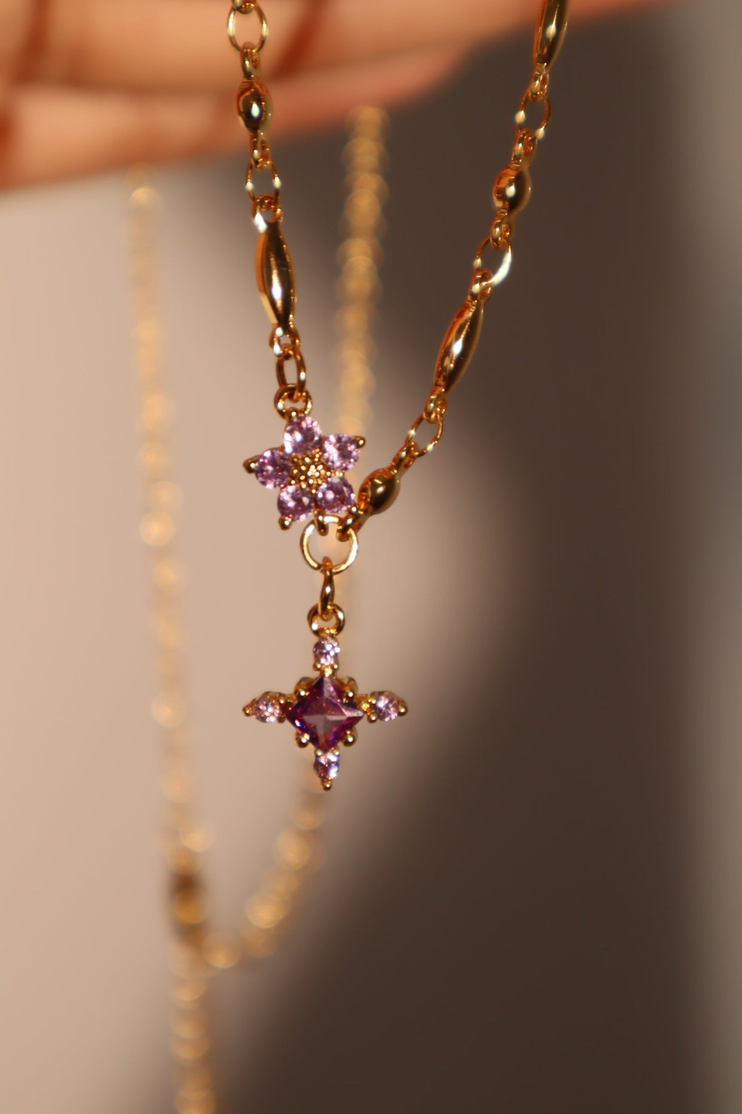 18K Real Gold Plated Purple Diamond Cross Necklace