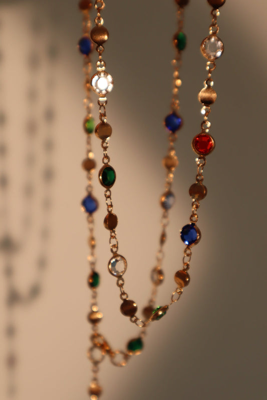 Gold Plated Color Gem Layering Long Necklace (Waist Chain)