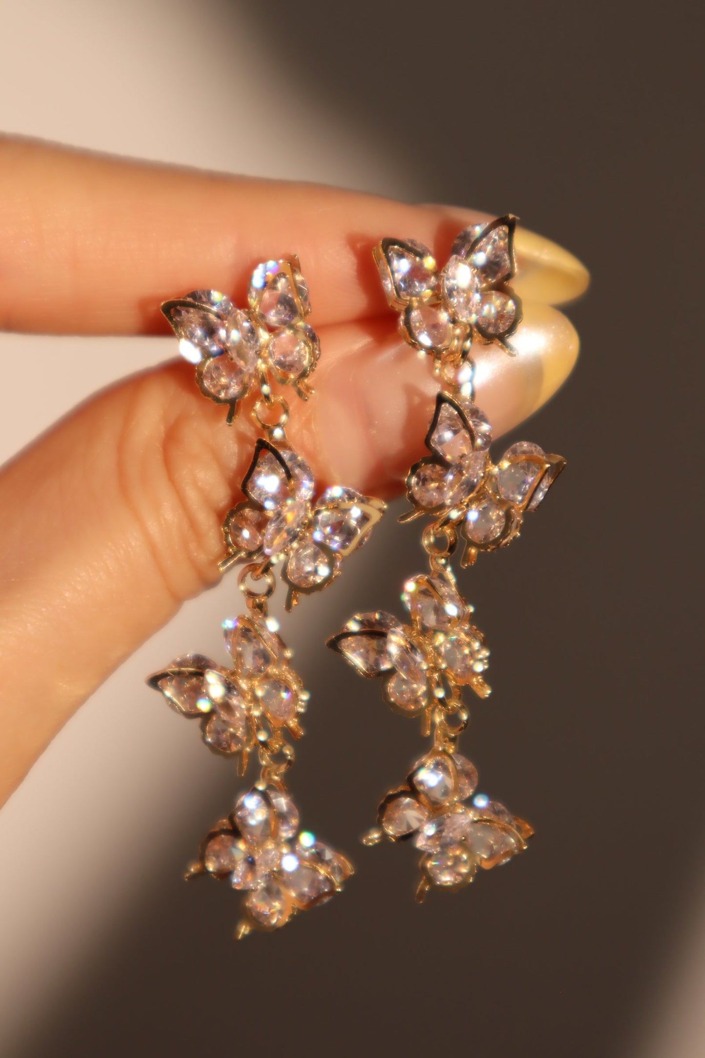 14K Real Gold Plated Diamond Butterfly Dangle Earrings