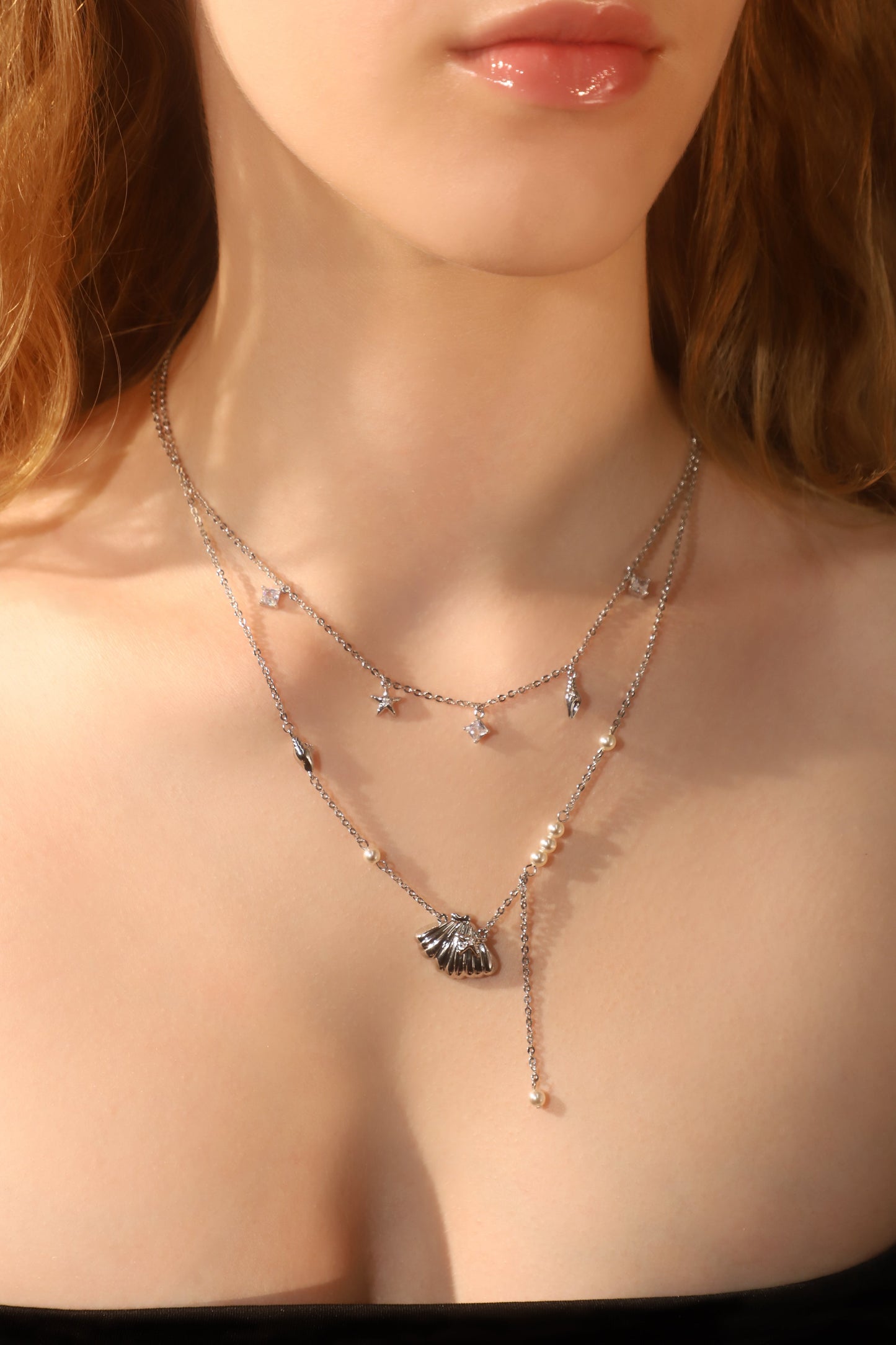 Platinum Plated Shell Starfish Pearls Layer Necklace
