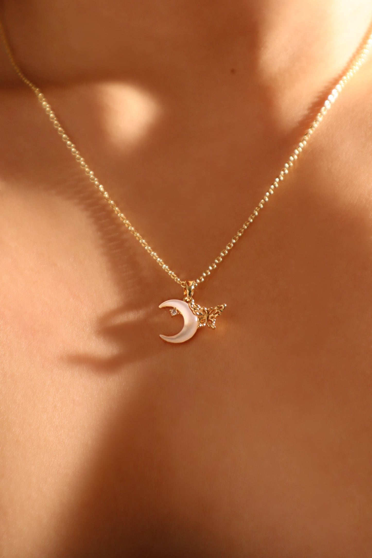 18K Real Gold Plated Shell Moon Butterfly Necklace
