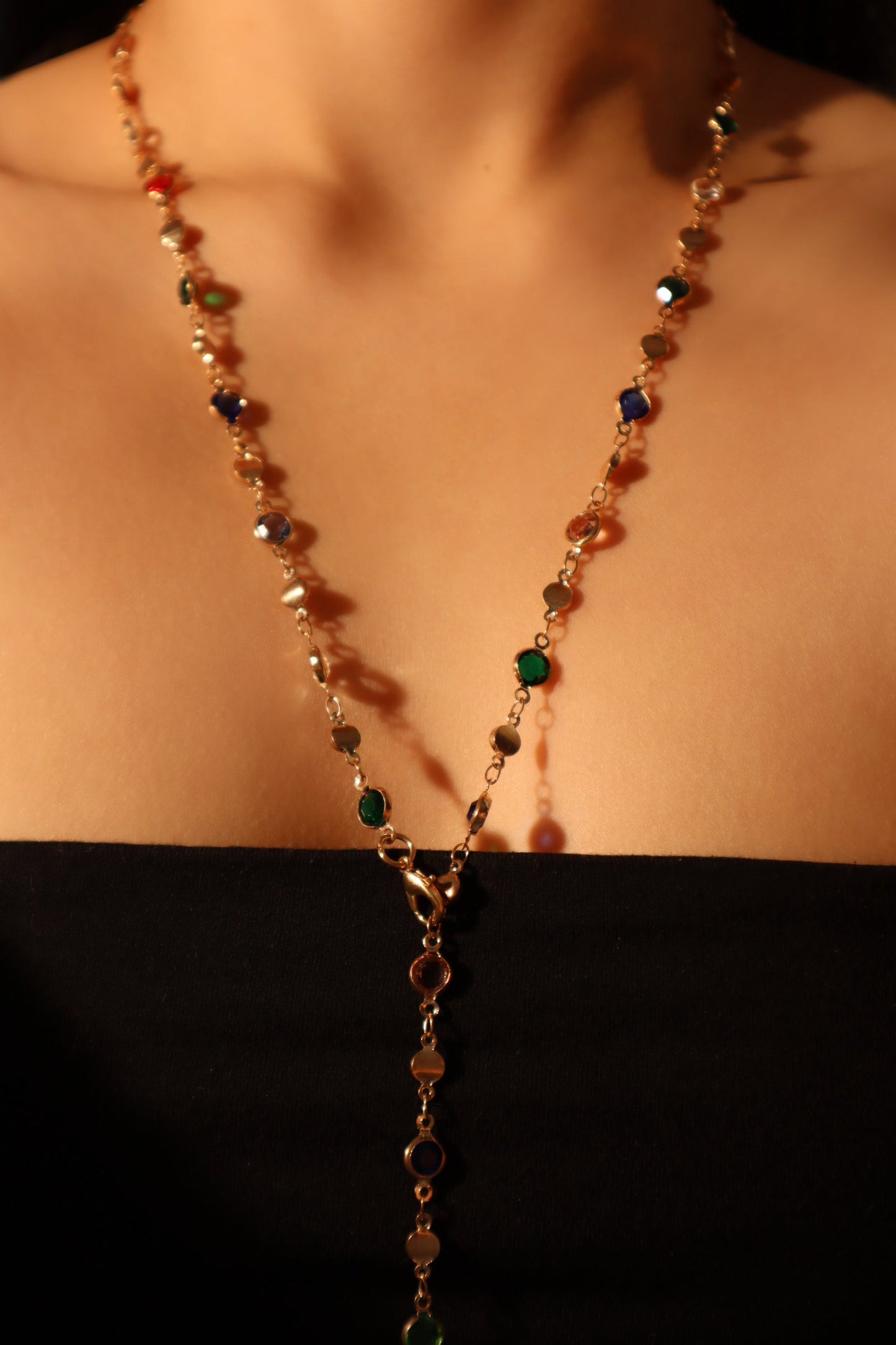 Gold Plated Color Gem Layering Long Necklace (Waist Chain)