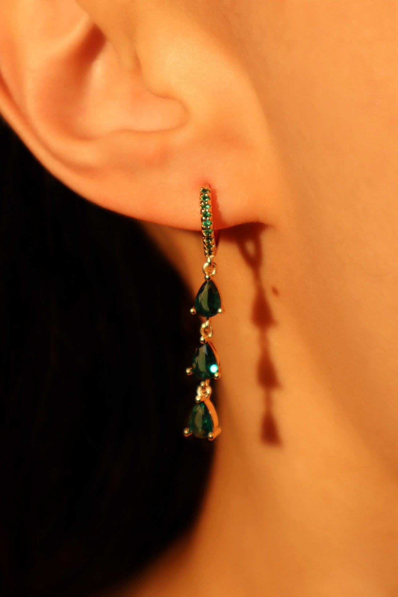 18K Real Gold Plated Green Gem Water Drop Earrings