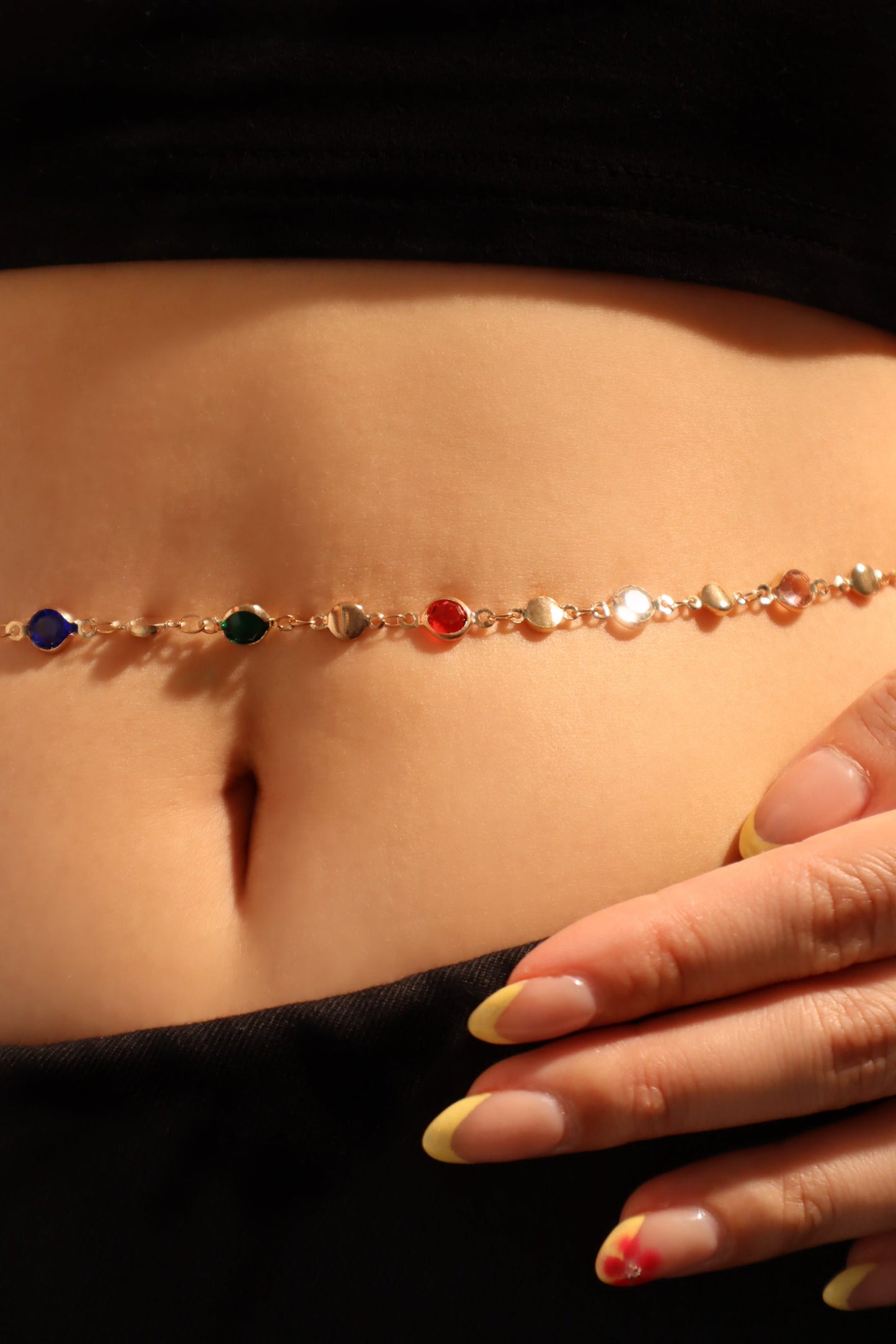 Gold Plated Color Gem Layering Long Necklace (Waist Chain)