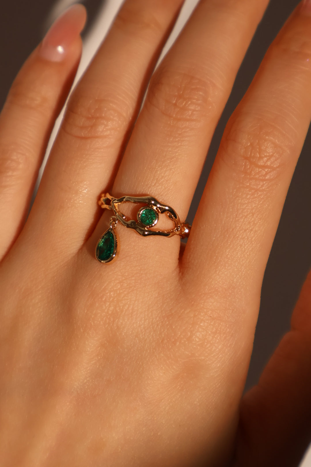 18K Real Gold Plated Green Gem Eye Ring