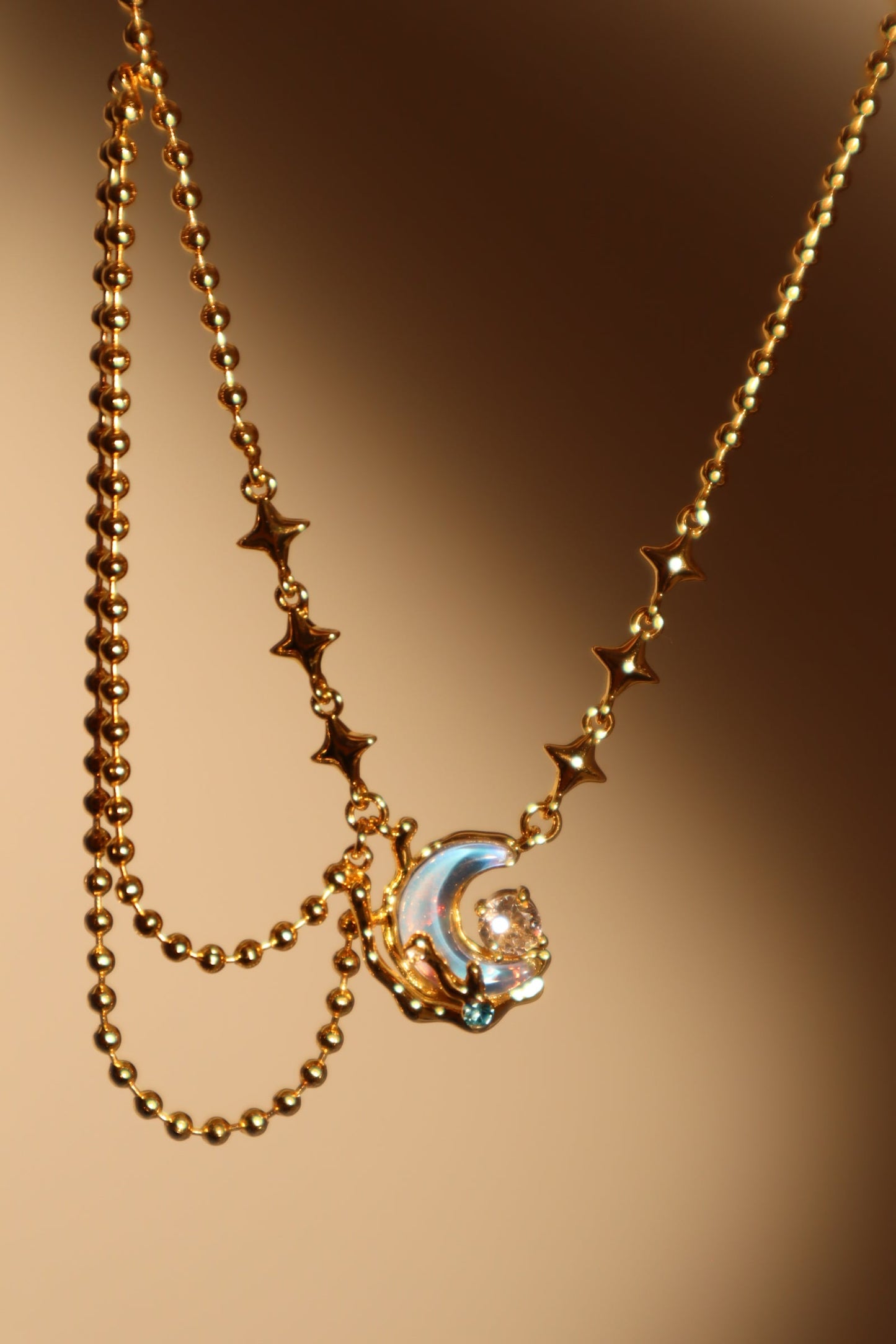 18K Real Gold Plated Diamond Moonstone Moon Necklace