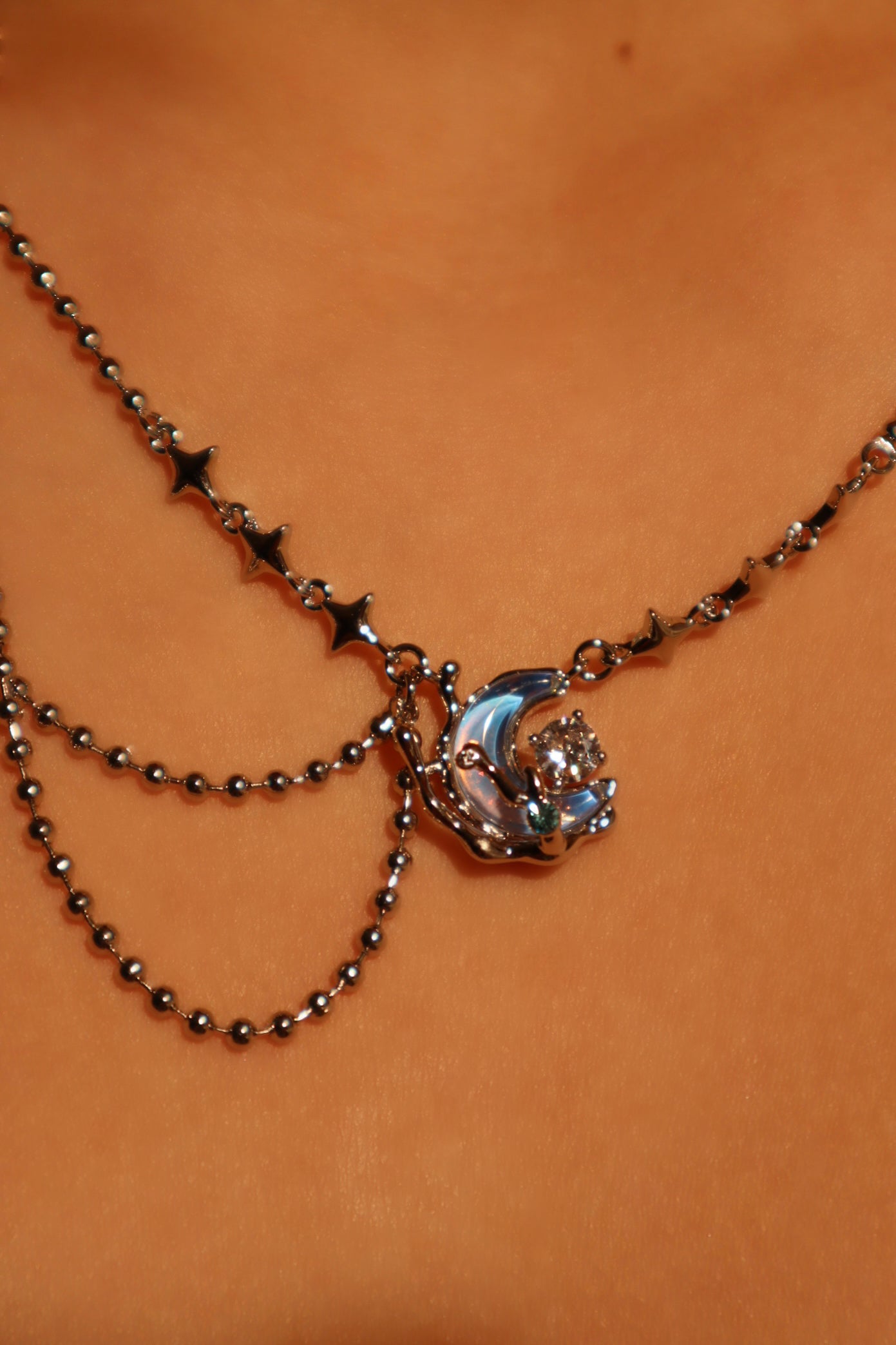 Platinum Plated Diamond Moonstone Moon Necklace