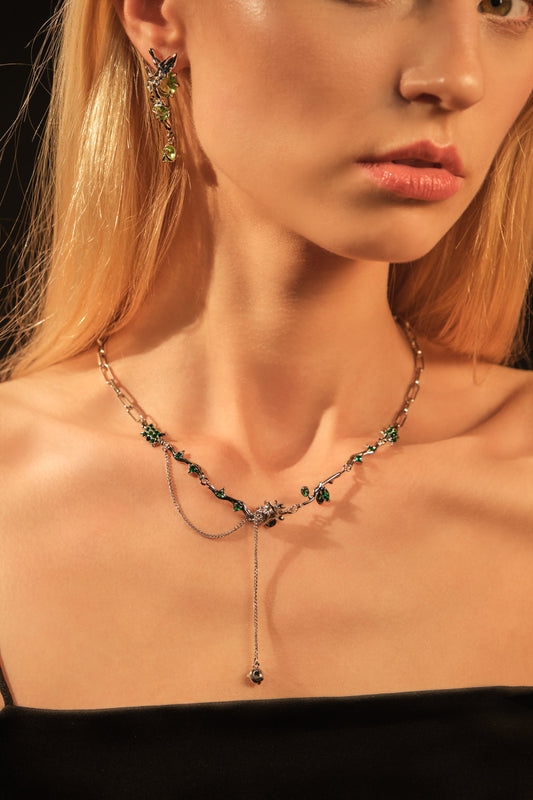 Platinum Plated Green Gem Rose Necklace
