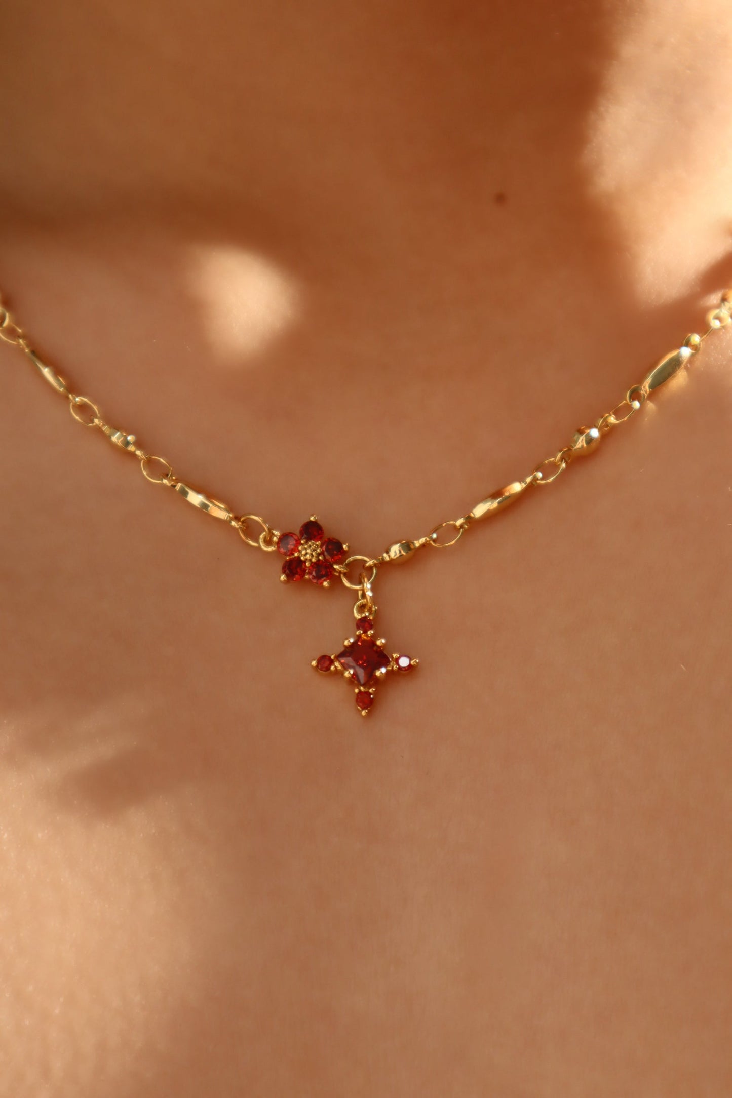 18K Real Gold Plated Garnet Diamond Cross Necklace
