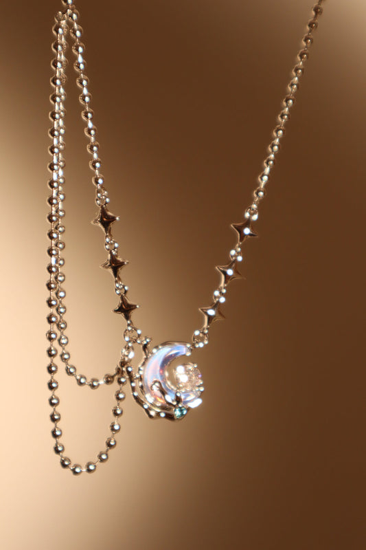 Platinum Plated Diamond Moonstone Moon Necklace