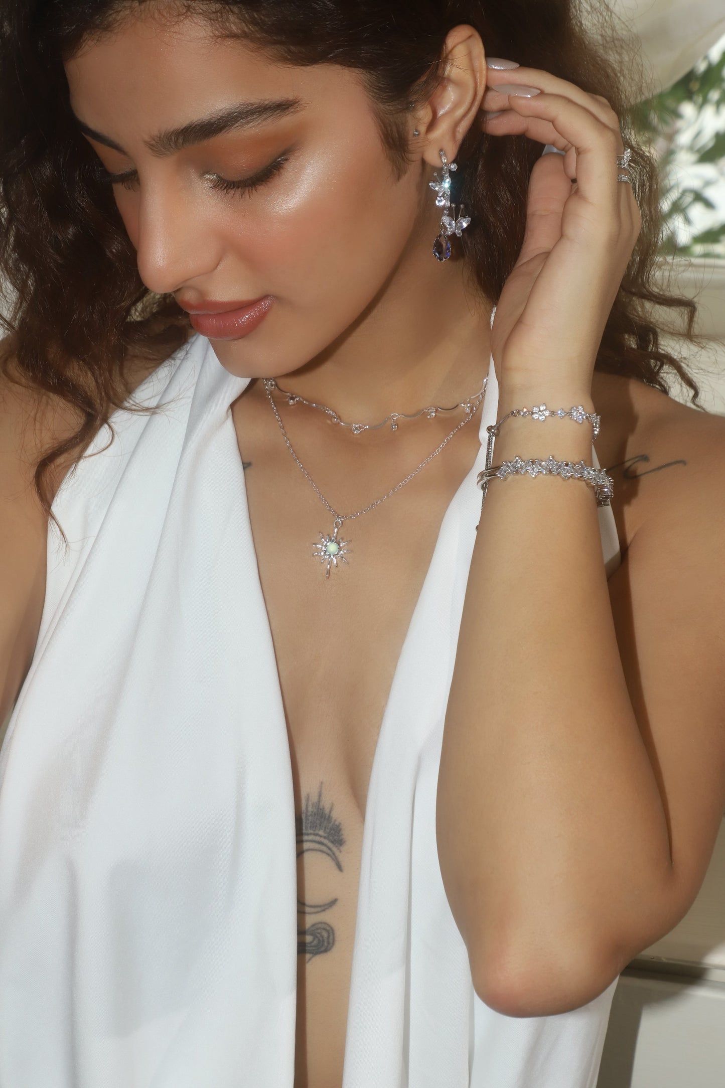 Platinum Plated Diamond Butterfly Blue Drop Earrings