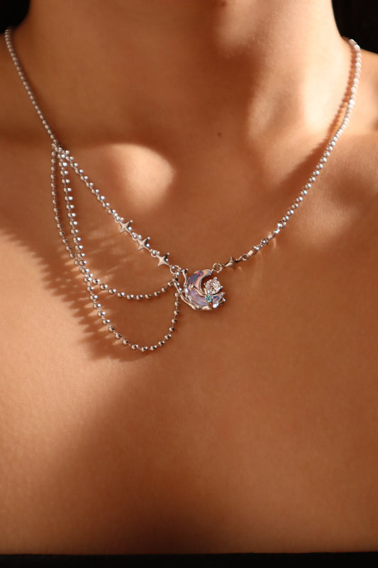 Platinum Plated Diamond Moonstone Moon Necklace