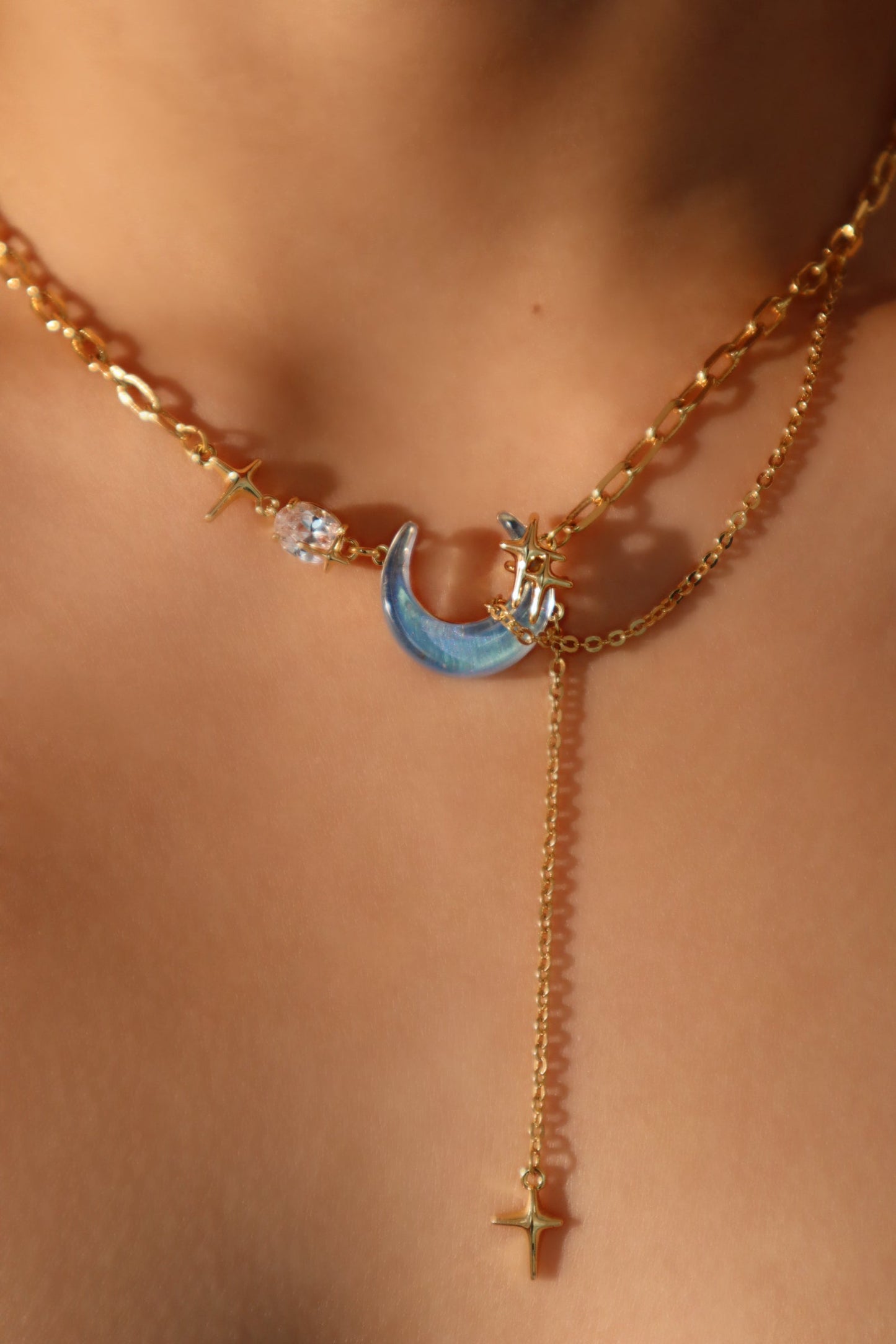 18K Real Gold Plated Moonstone Moon Star Chain Necklace