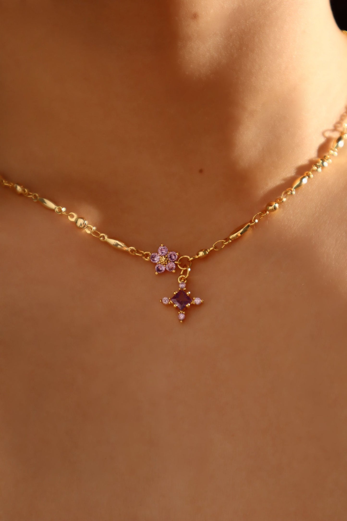 18K Real Gold Plated Purple Diamond Cross Necklace