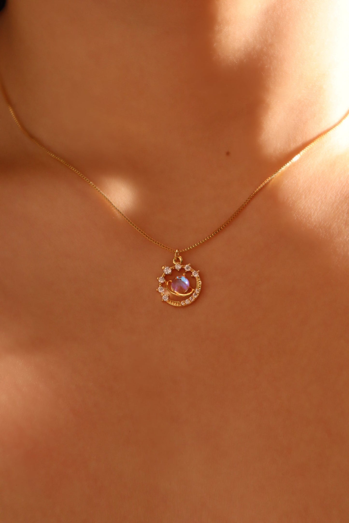 14K Real Gold Plated Moonstone Saturn Star Necklace