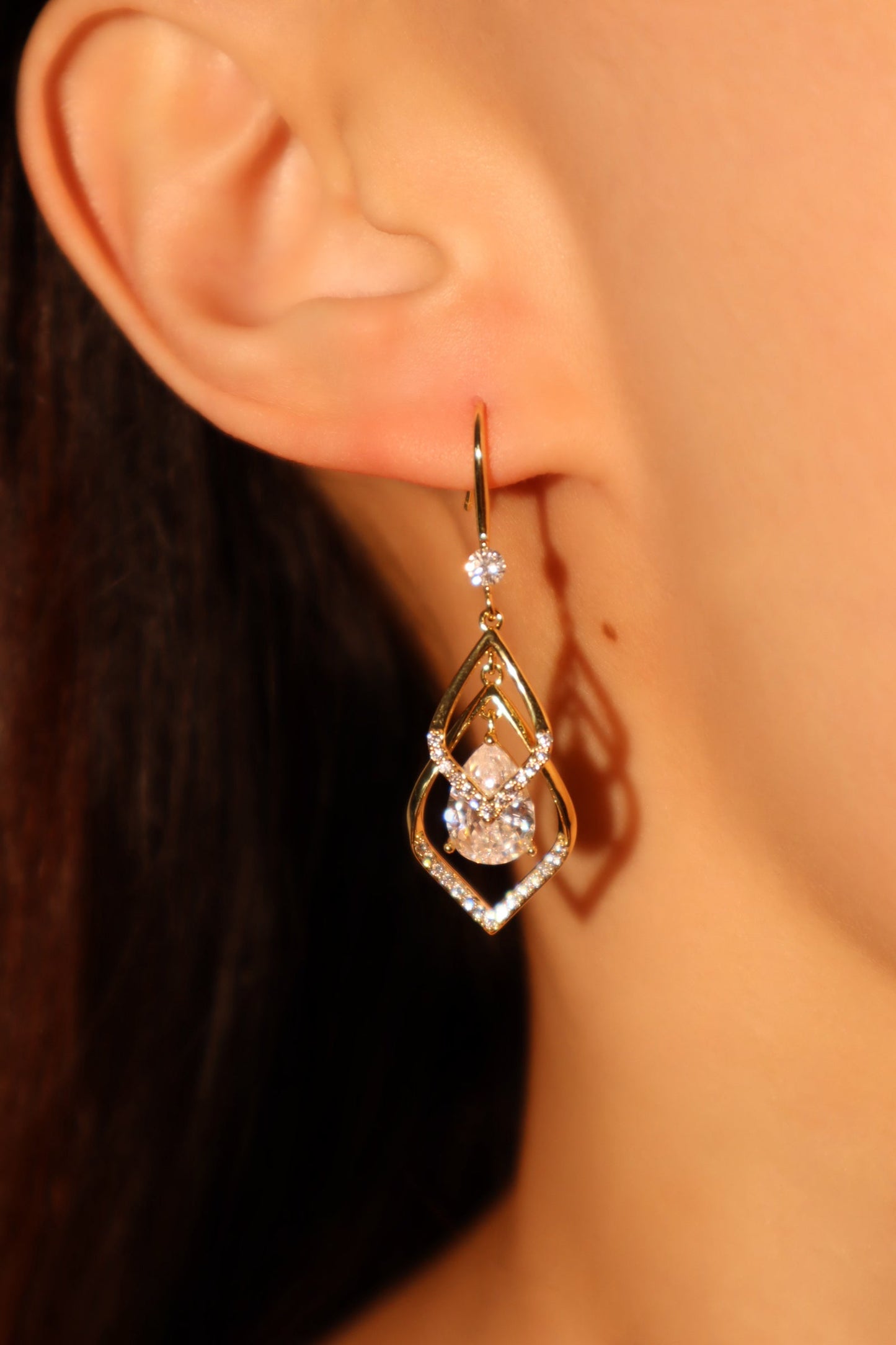 18K Real Gold Plated Diamond Droplet Earrings