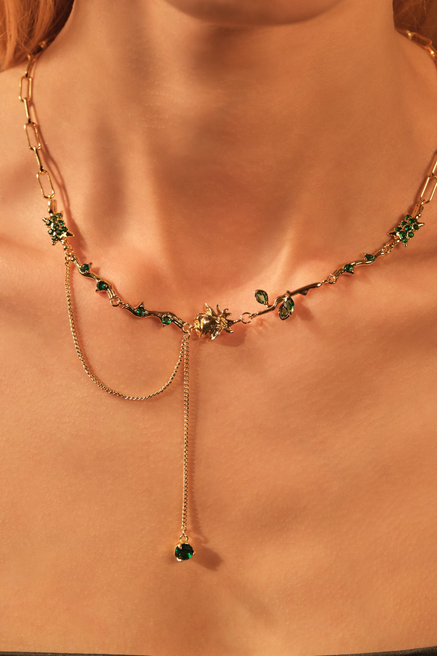 18K Real Gold Plated Green Gem Rose Necklace