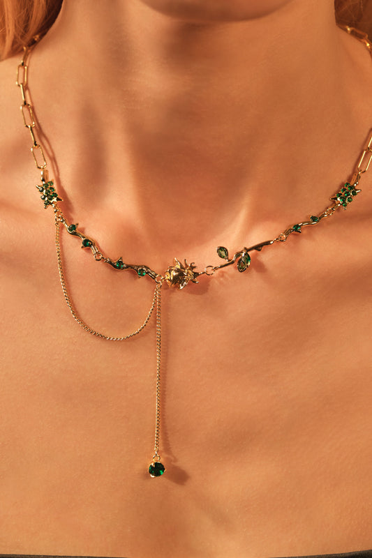18K Real Gold Plated Green Gem Rose Necklace