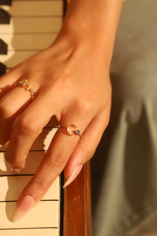18K Gold Vermeil Blue Gem Moon Ring