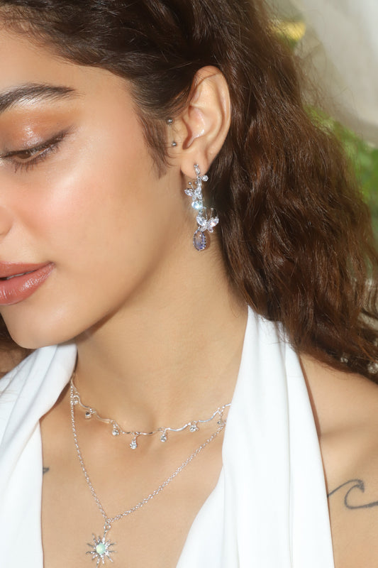Platinum Plated Diamond Butterfly Blue Drop Earrings