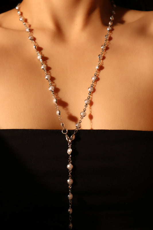 Platinum Plated Multi Pearls Layering Long Necklace (Waist Chain)