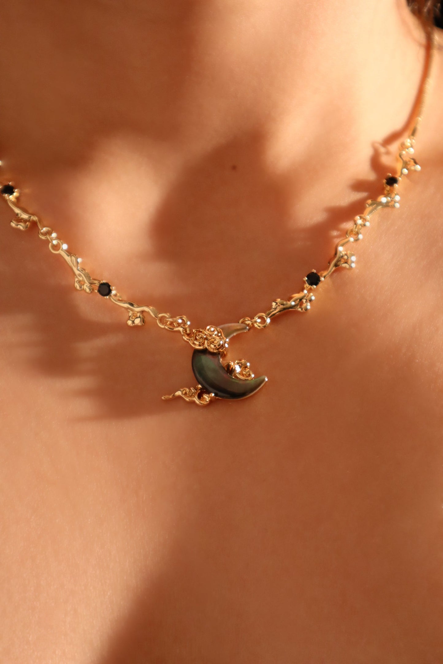 18K Real Gold Plated Black Shell Moon Necklace