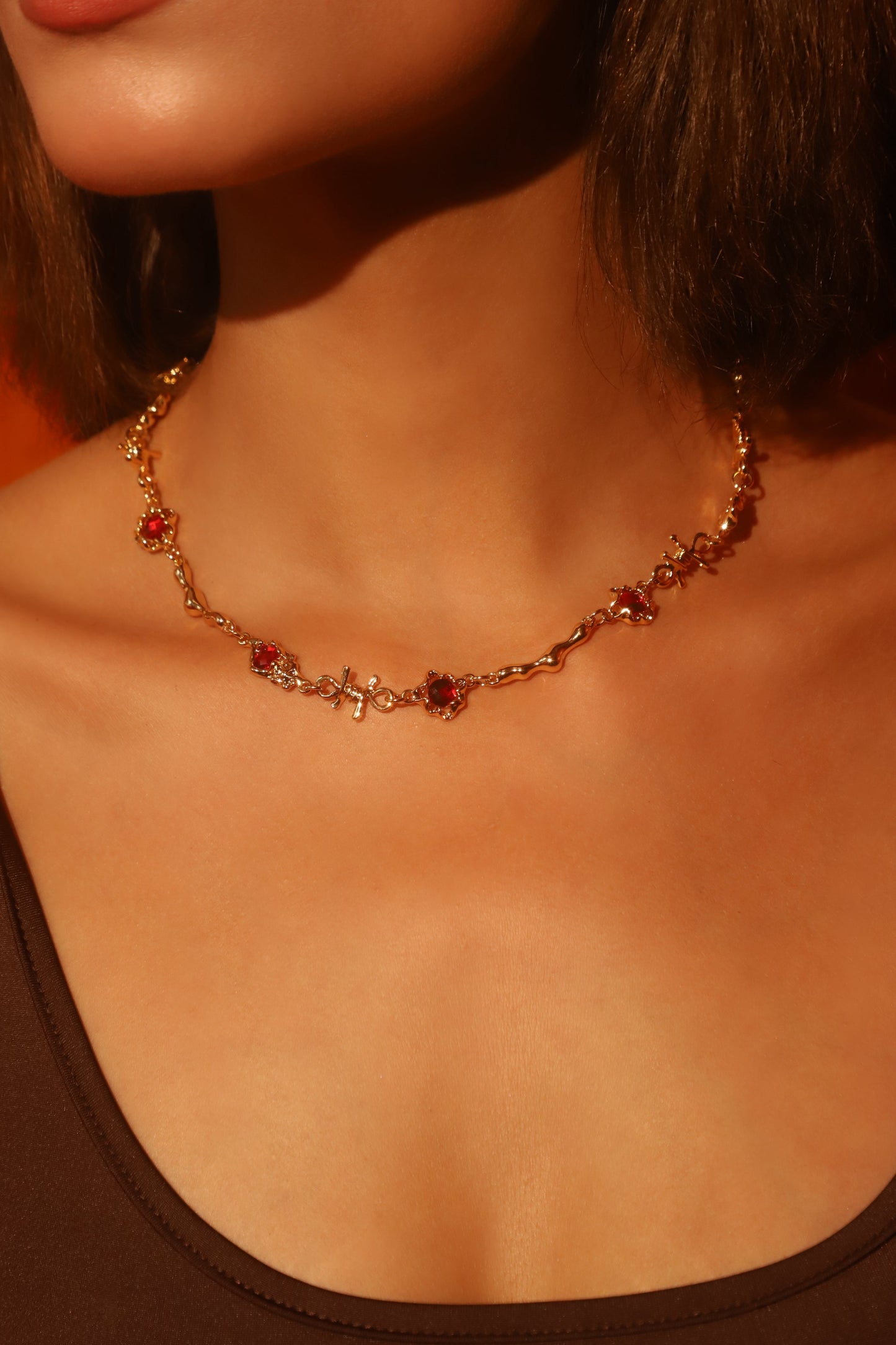 18K Real Gold Plated Multi Red Gem Twist Necklace