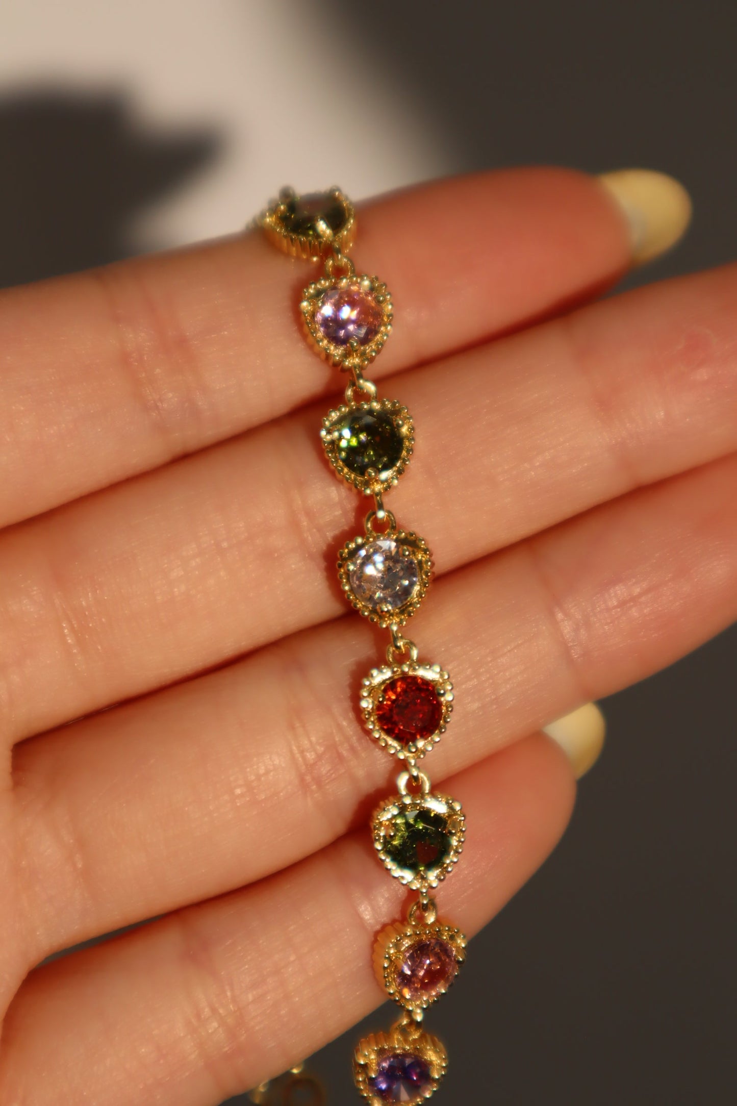 14K Real Gold Plated Multi Heart Color Gemstones Bracelet