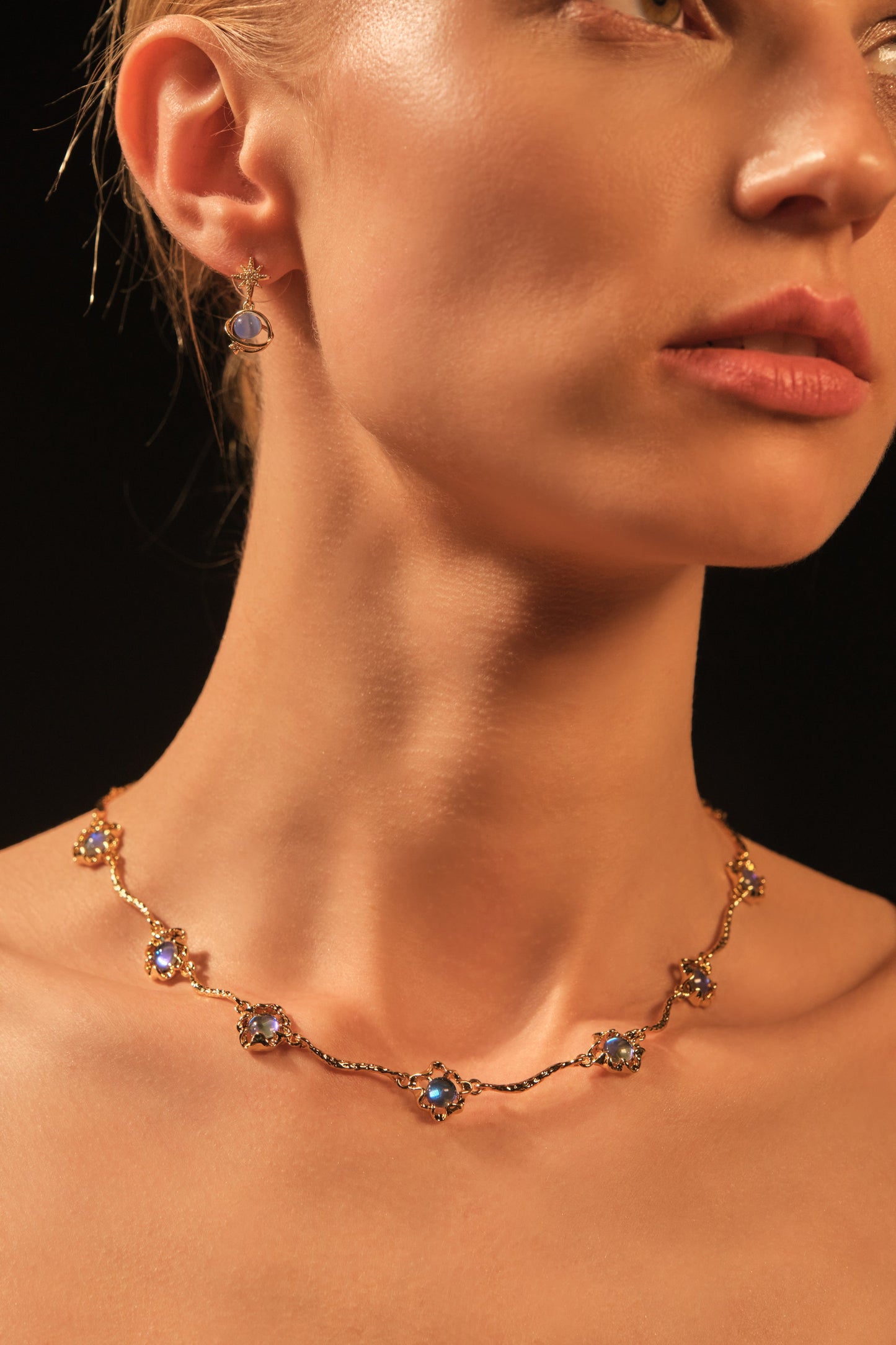 18K Real Gold Plated Multi Deep Blue Moonstones Necklace