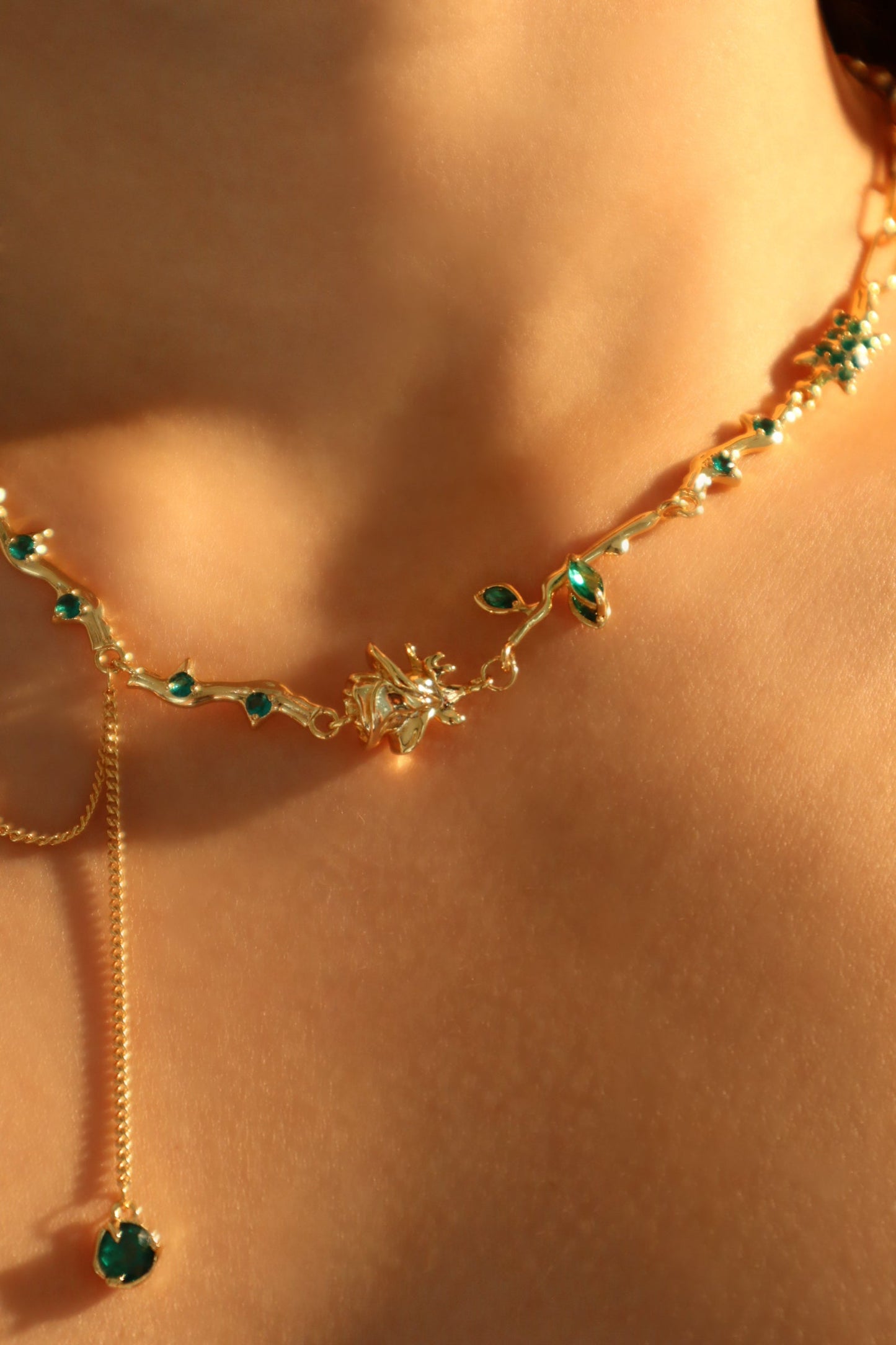 18K Real Gold Plated Green Gem Rose Necklace