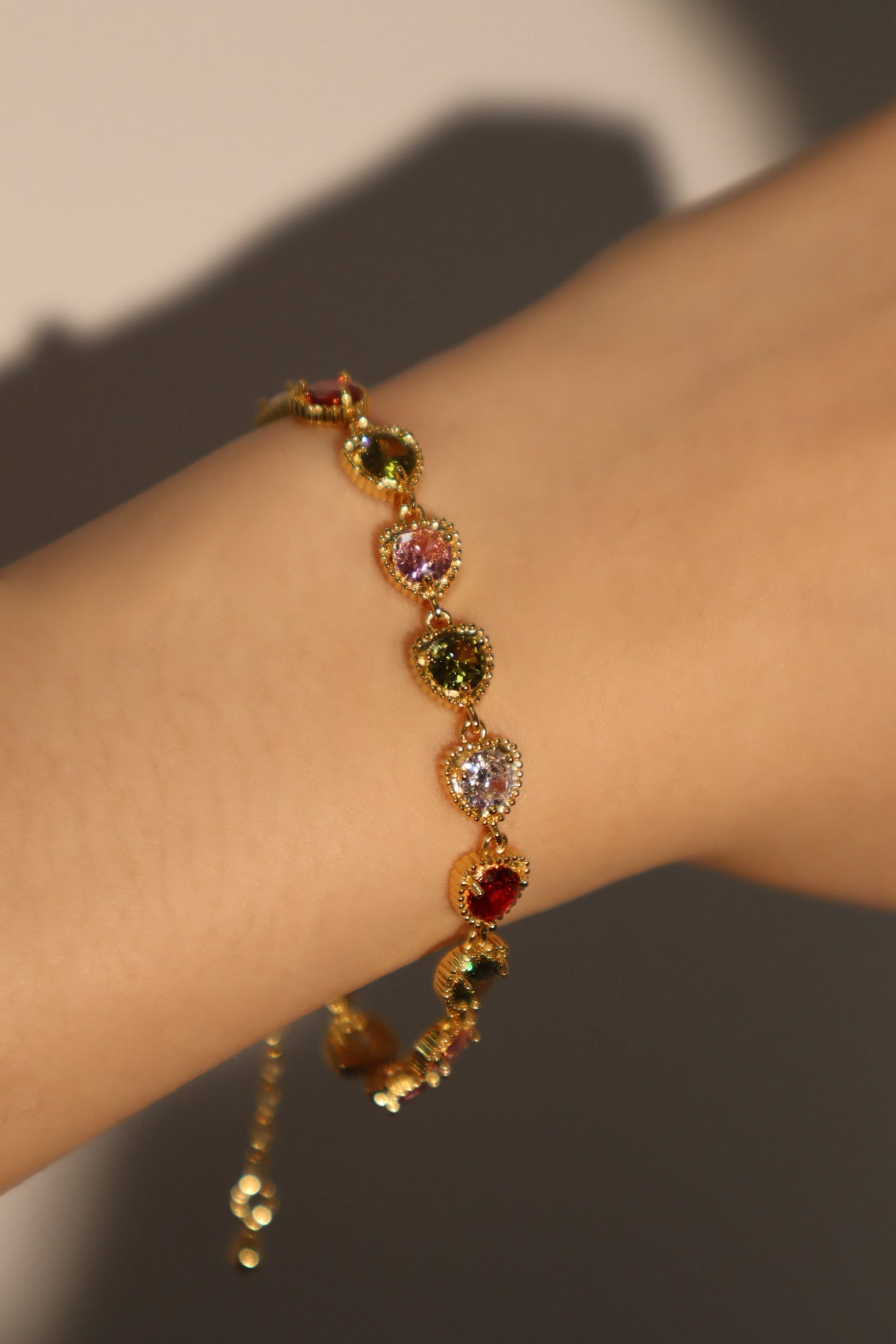 14K Real Gold Plated Multi Heart Color Gemstones Bracelet