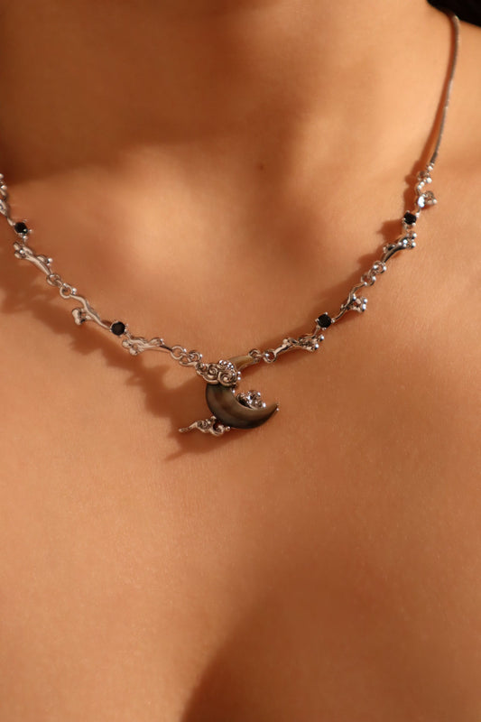 Platinum Plated Black Shell Moon Necklace