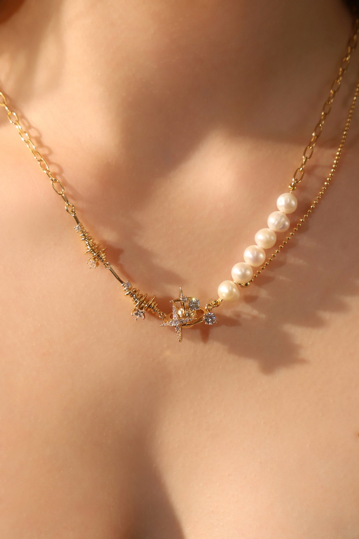 18K Real Gold Plated Diamond Saturn Star Pearl Necklace