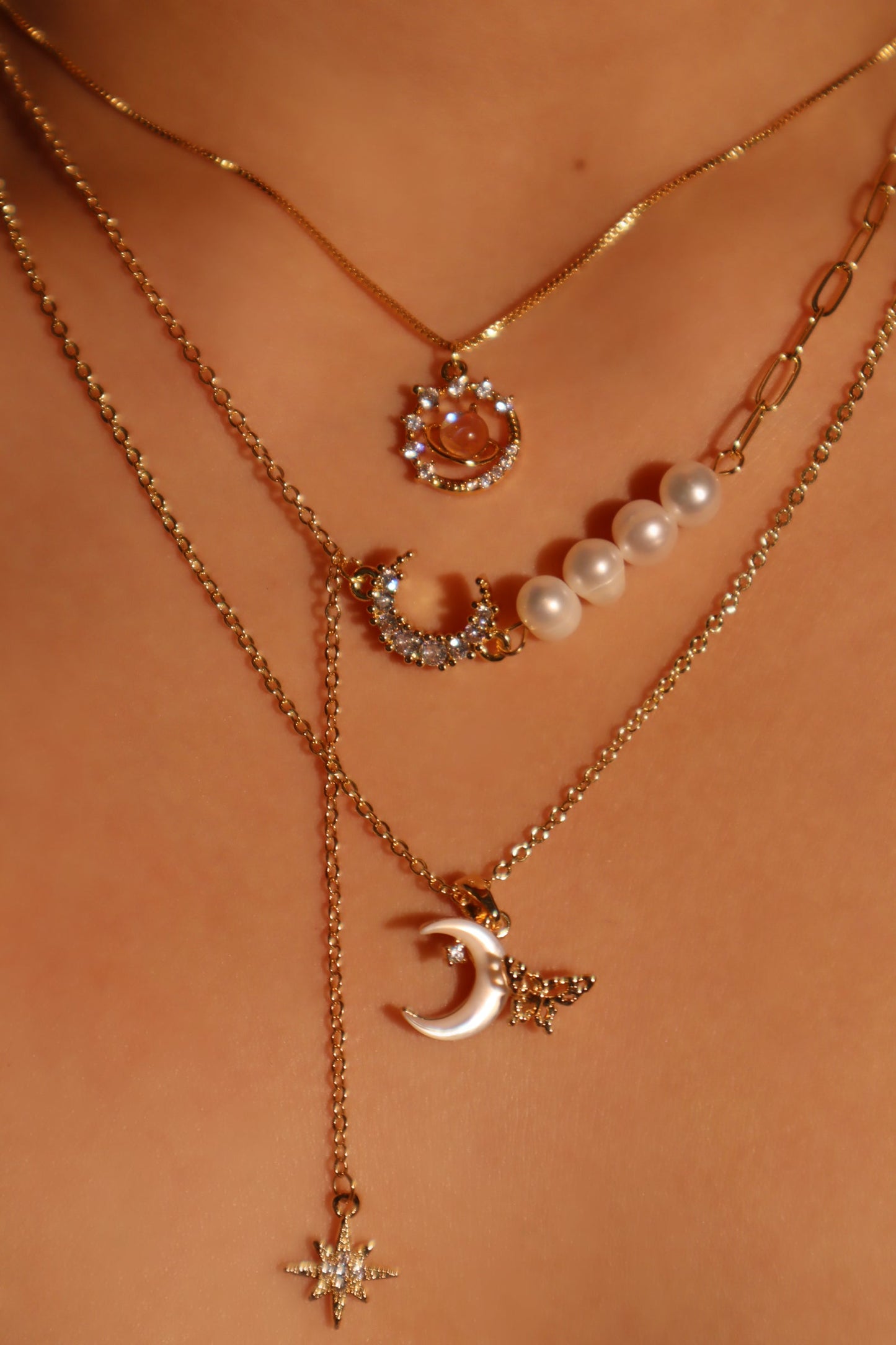 14K Real Gold Plated Pearl Moon Star Necklace