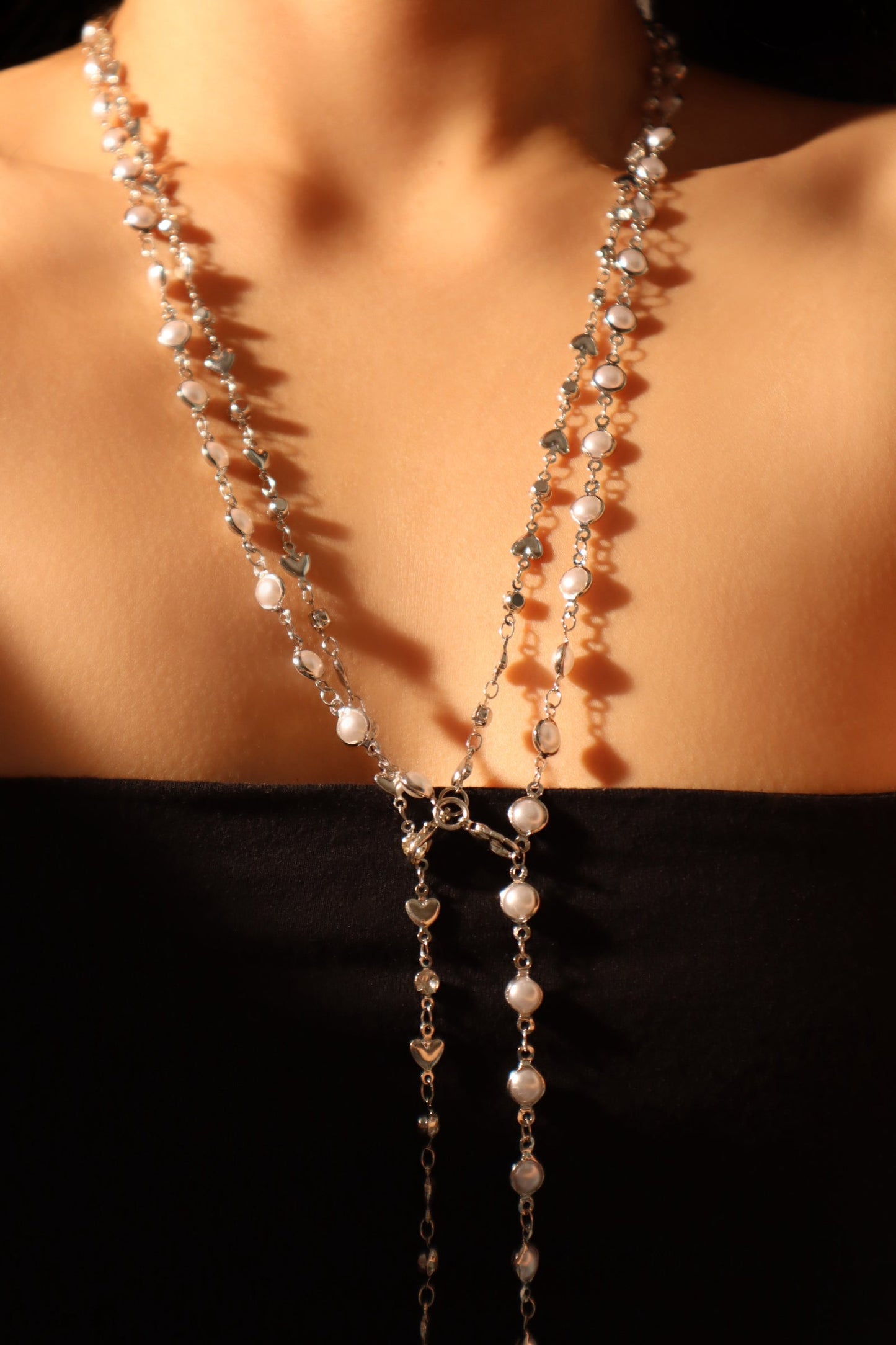 Platinum Plated Diamond Heart Layering Long Necklace (Waist Chain)