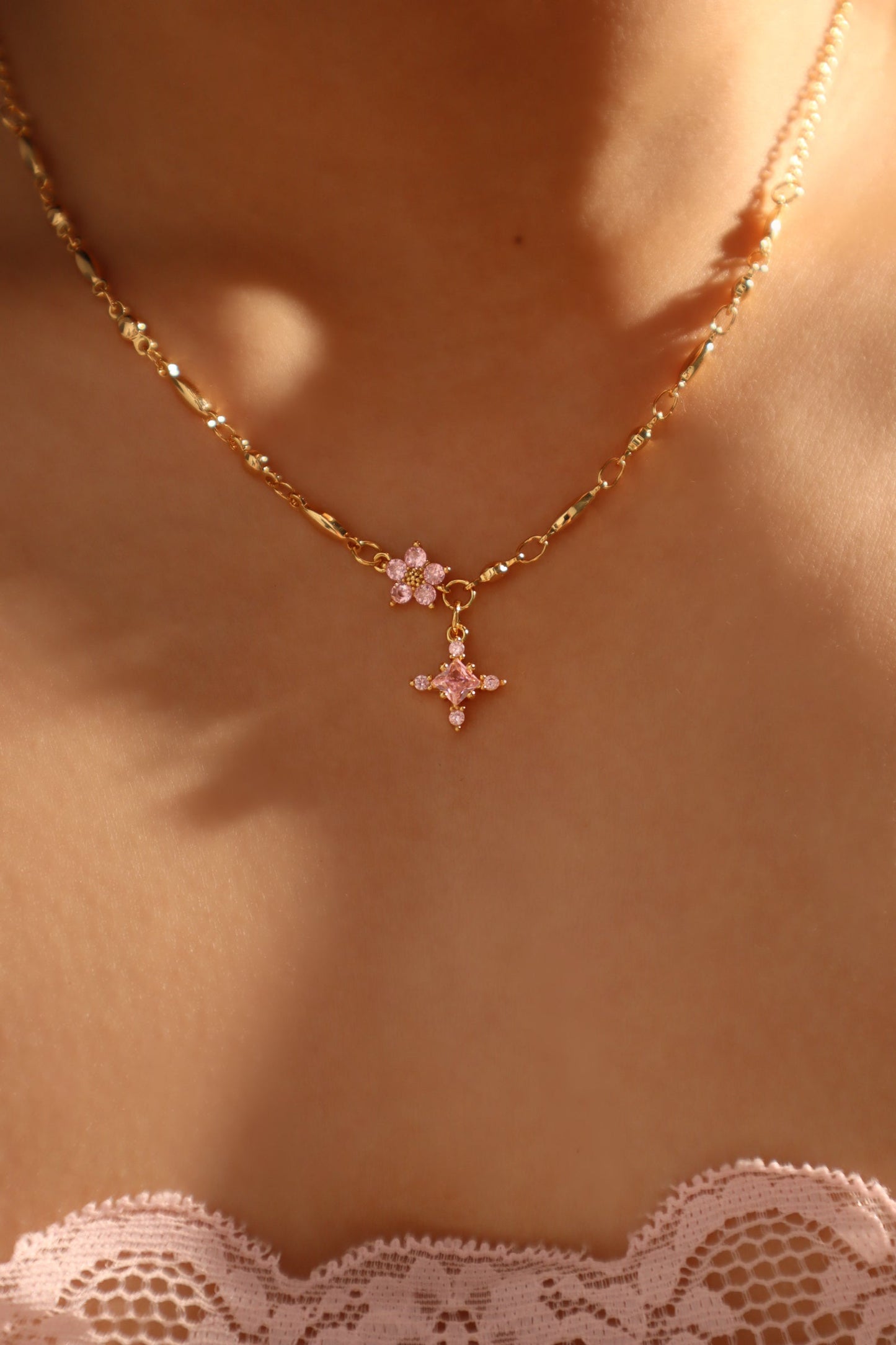18K Real Gold Plated Pink Diamond Cross Necklace