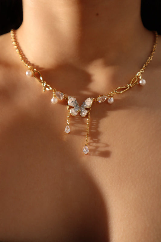 18K Real Gold Plated Blue Crystal Butterfly Necklace