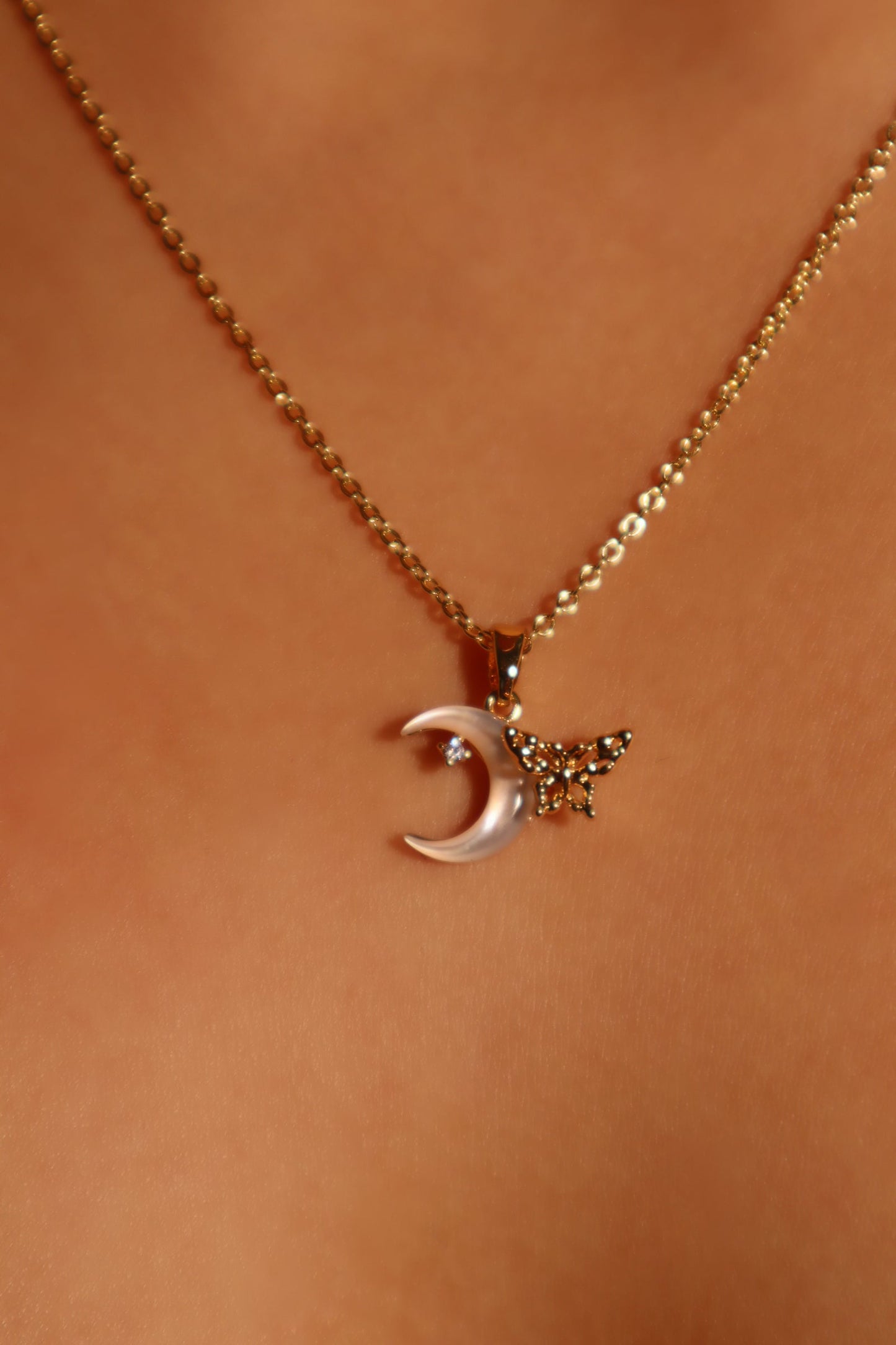 18K Real Gold Plated Shell Moon Butterfly Necklace