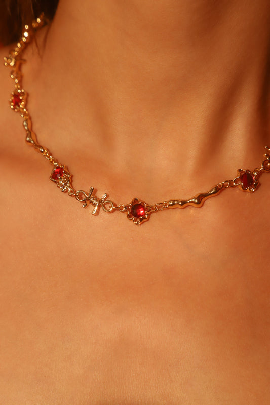 18K Real Gold Plated Multi Red Gem Twist Necklace