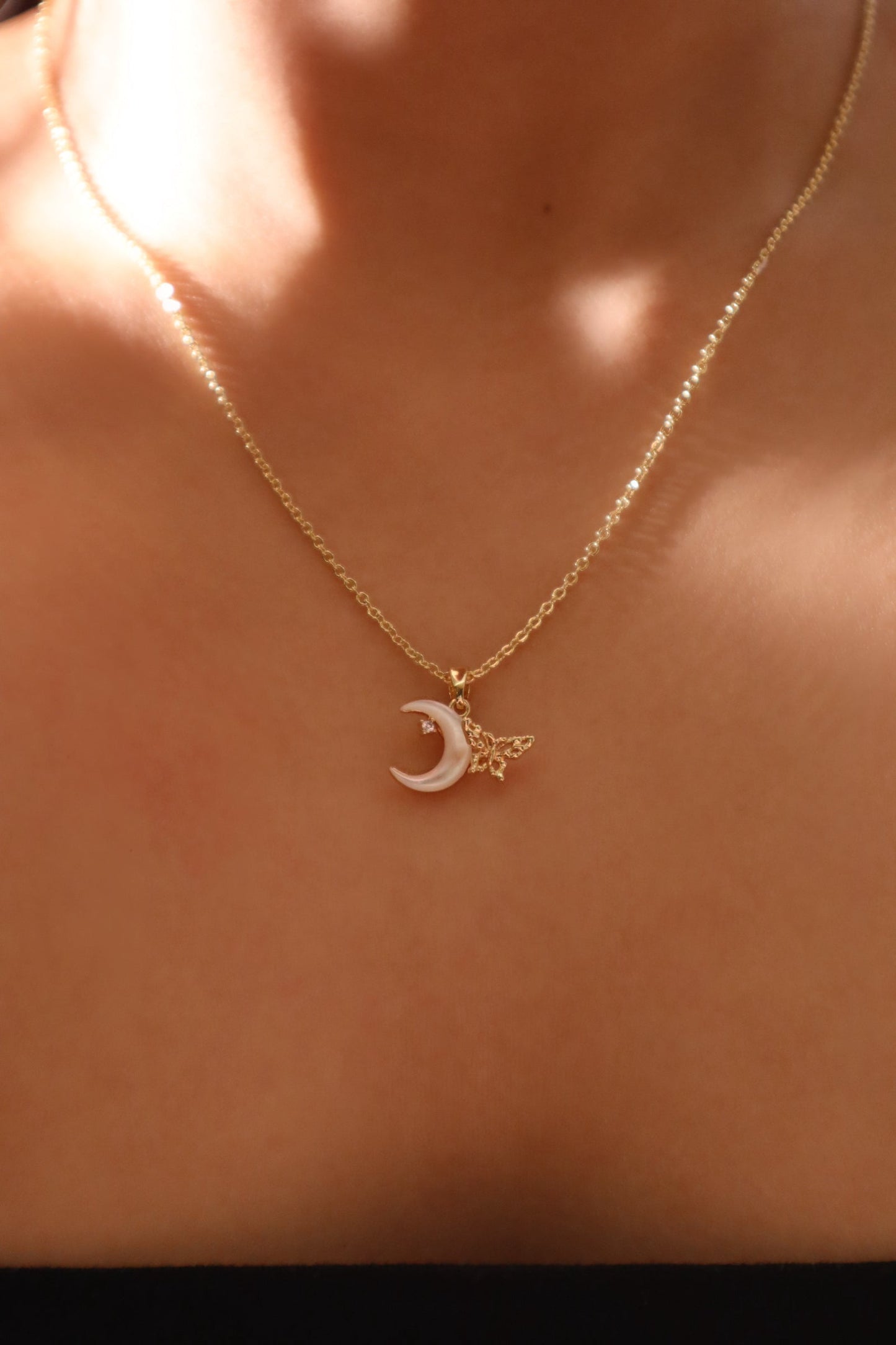 18K Real Gold Plated Shell Moon Butterfly Necklace
