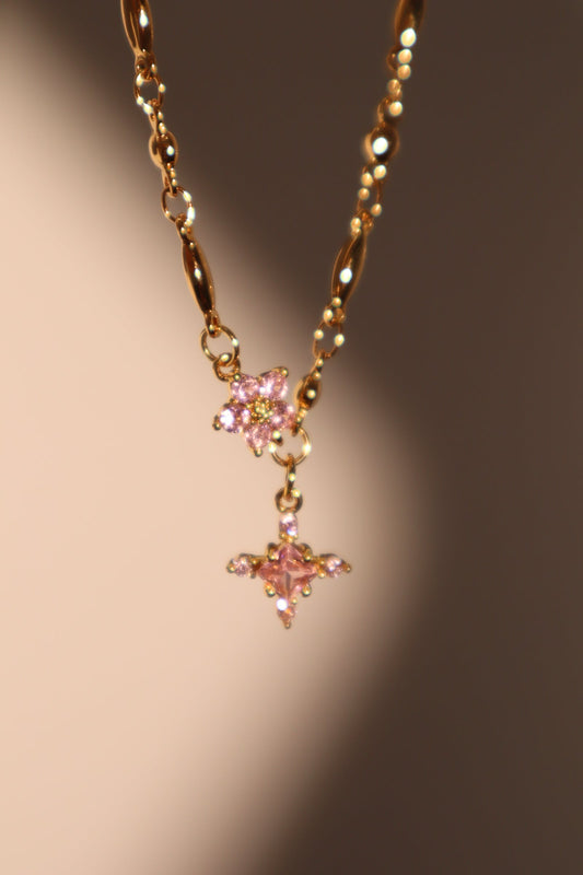 18K Real Gold Plated Pink Diamond Cross Necklace