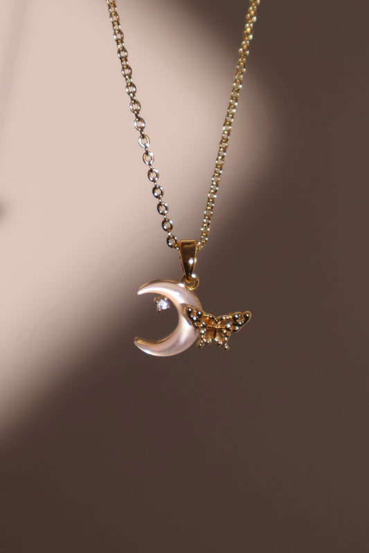 18K Real Gold Plated Shell Moon Butterfly Necklace