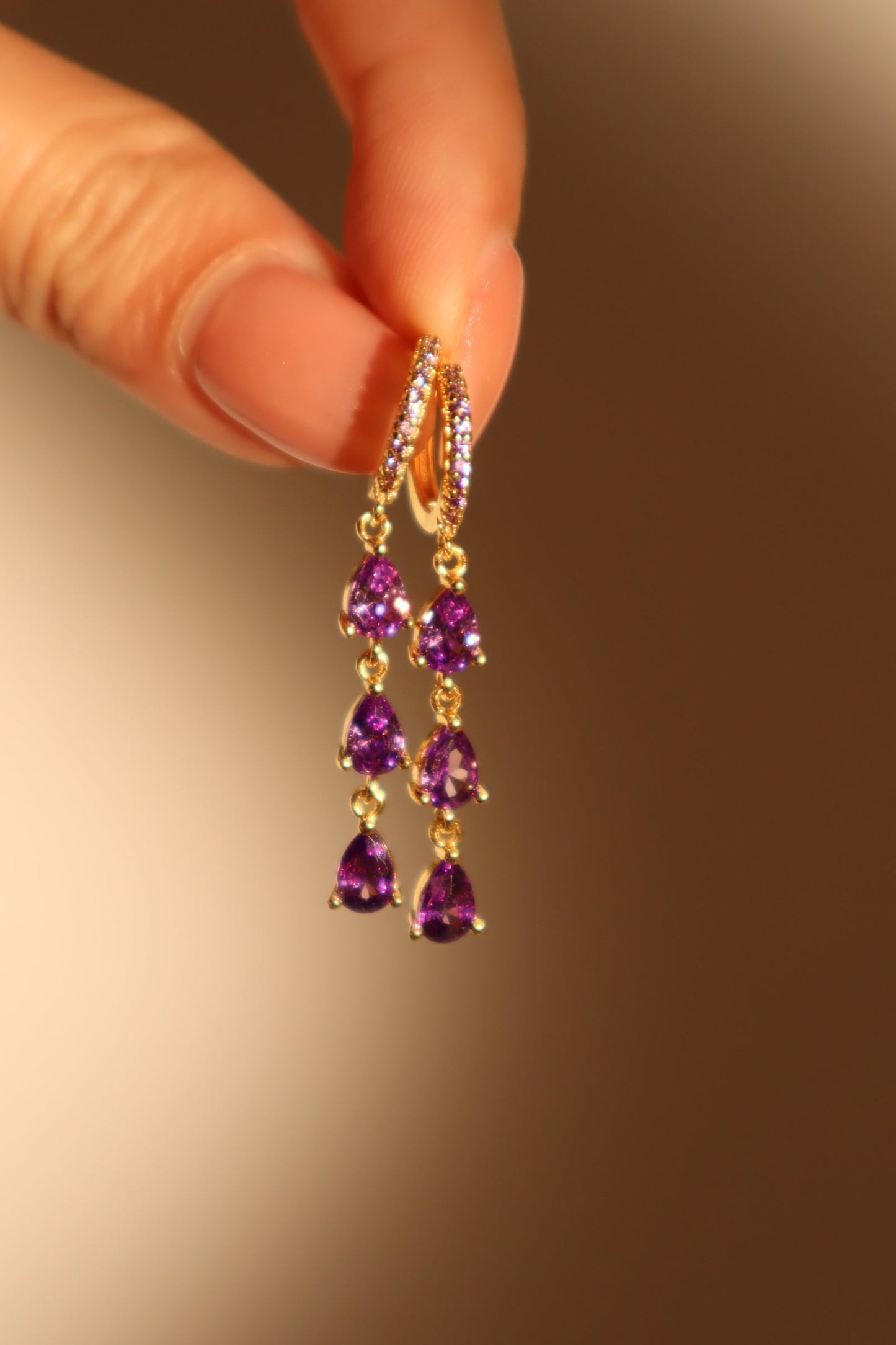 18K Real Gold Plated Purple Gem Water Drop Earrings