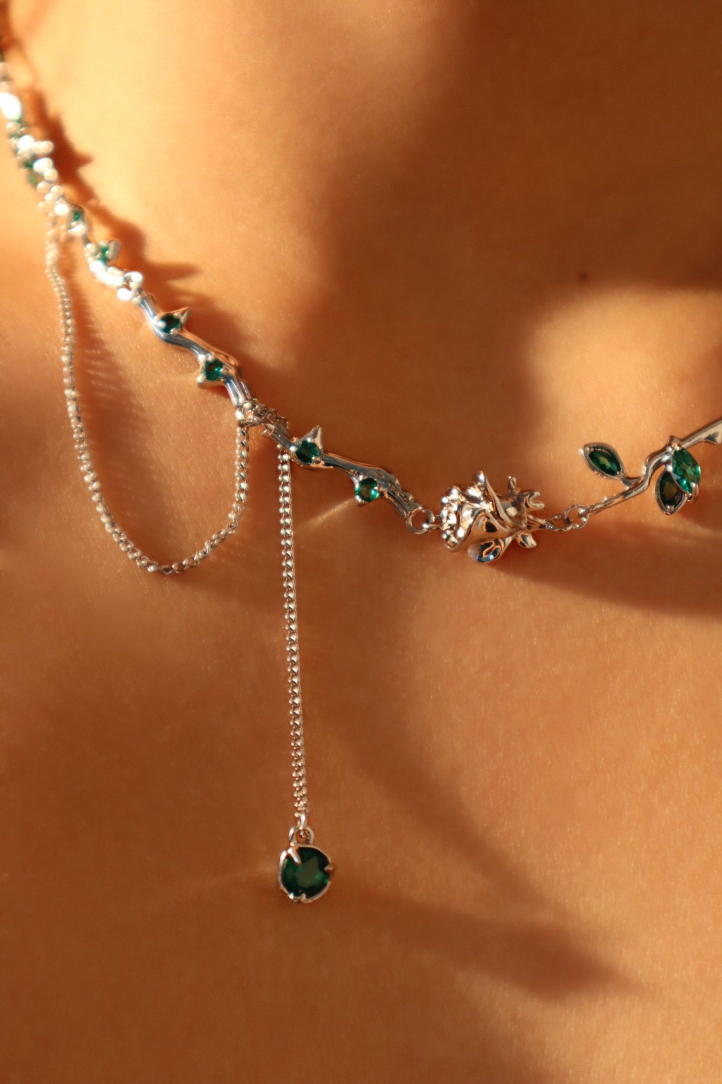 Platinum Plated Green Gem Rose Necklace