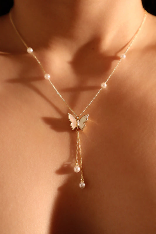 14K Real Gold Plated Butterfly Pearls Necklace