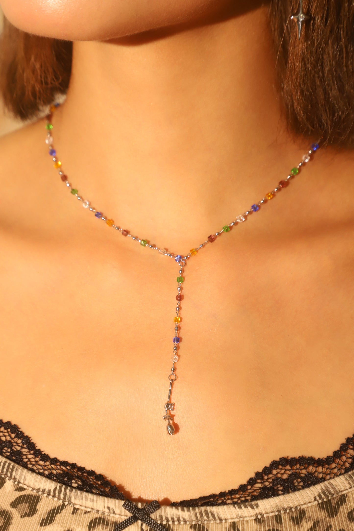 Platinum Plated Color Gem Rose Lariat Long Necklace