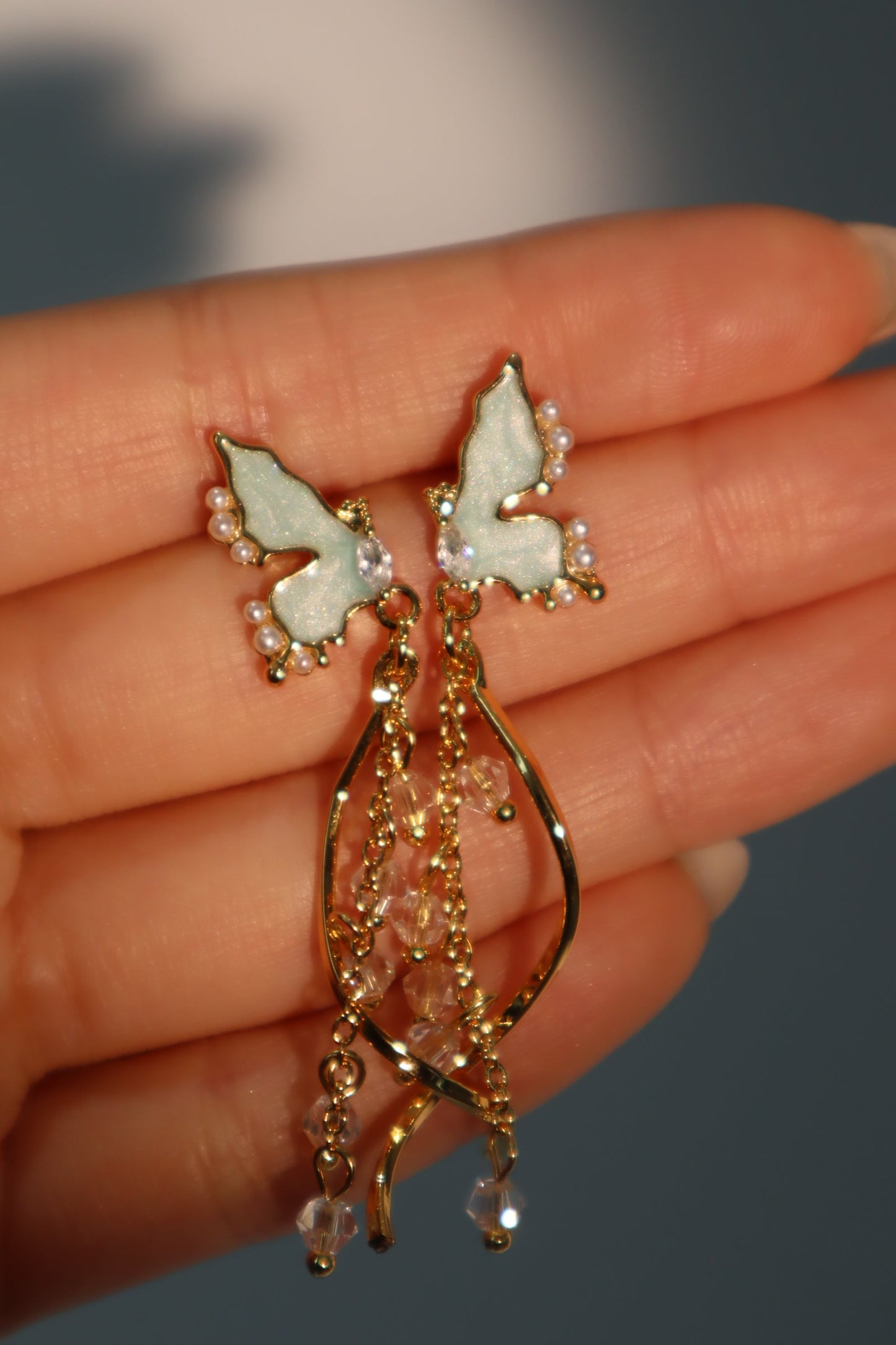 18K Real Gold Plated Butterfly Pearls Dangle Earrings