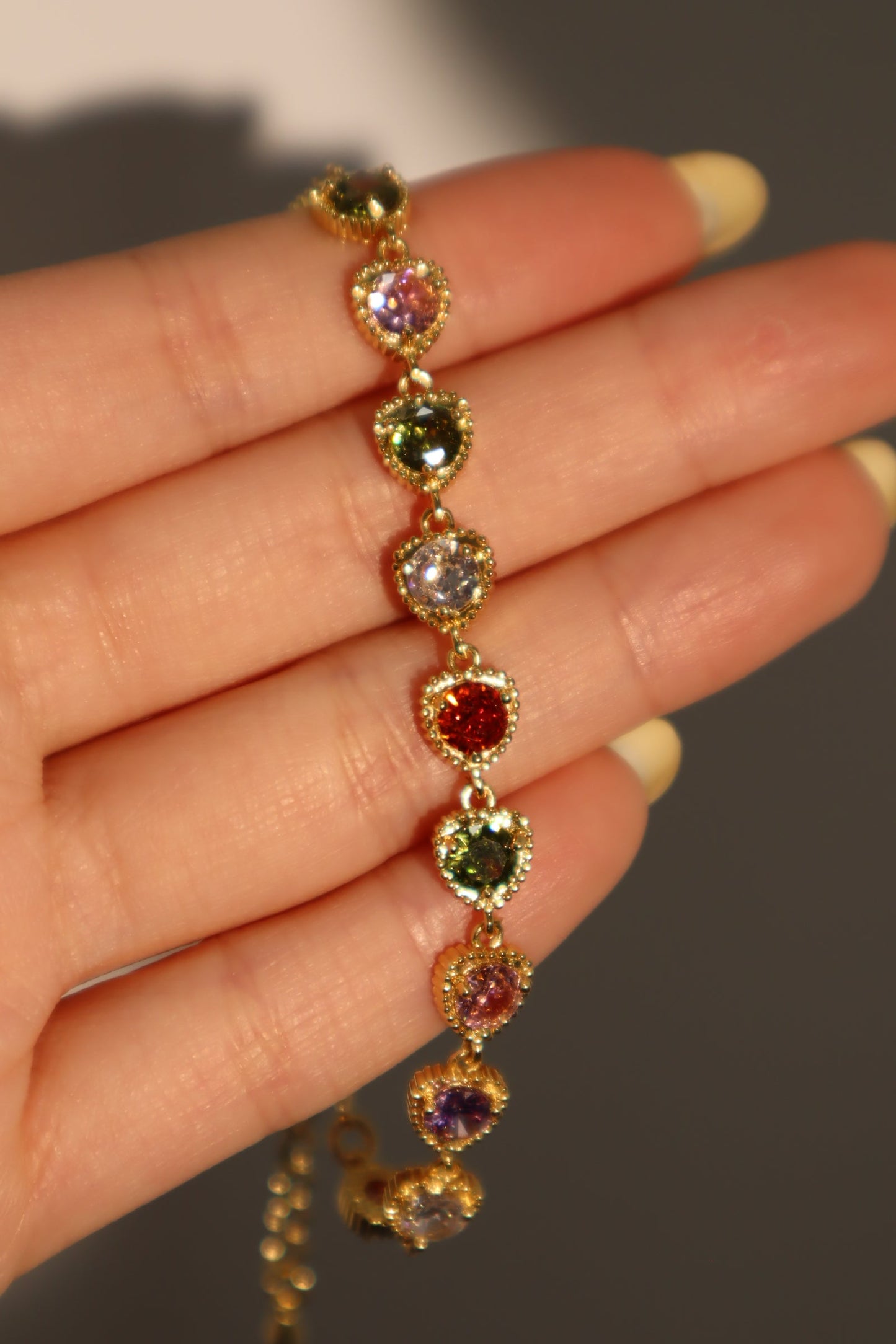 14K Real Gold Plated Multi Heart Color Gemstones Bracelet